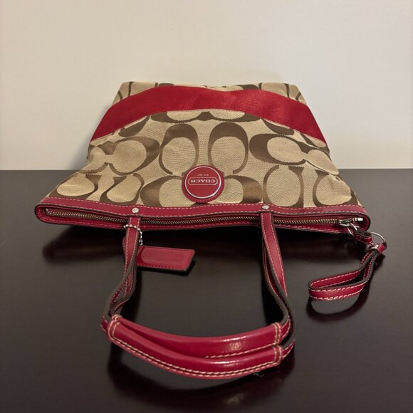 Coach Signature Khaki Red Stripe Red Patent Leather Medium Tote - Picture 6 of 11